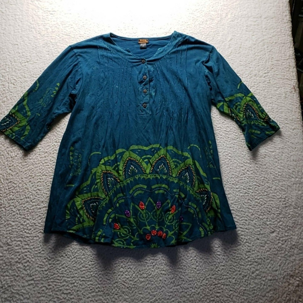 Rising International Blouse Womens Plus 4XL Blue Henley 3/4 Sleeve Tunic Top